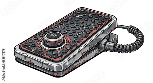 Retro foot pedal controller, vintage industrial mechanism, worn metal surface.