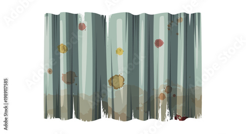 Rusty corrugated metal sheeting with peeling paint and dirt