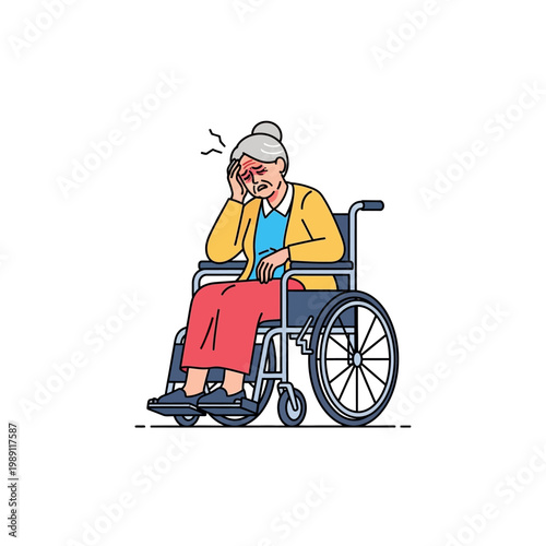 Elderly woman in a wheelchair suffering from headache or fever, showing discomfort and illness.