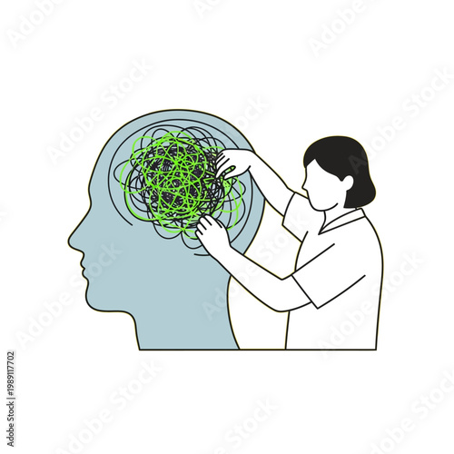 A person untangling a chaotic mess of thoughts inside a human head silhouette, symbolizing mental health and therapy.