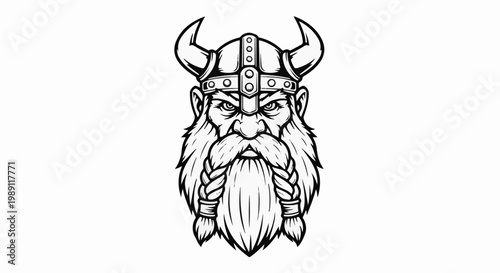 Fierce Viking warrior, braided beard, horned helmet, stern face