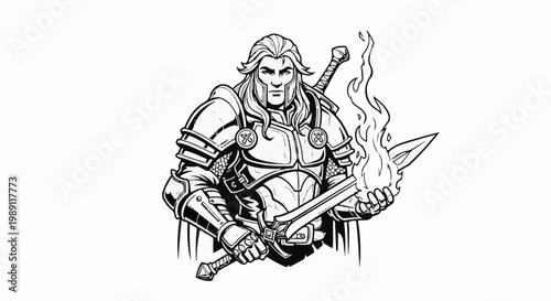 Fierce warrior in ornate armor, holding a flaming sword