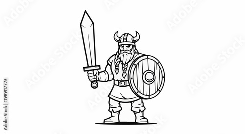 Fierce warrior with braided beard, helmet, sword, and shield