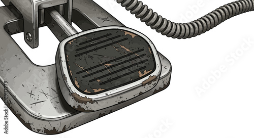 Vintage foot pedal with coiled cord, close-up on white background