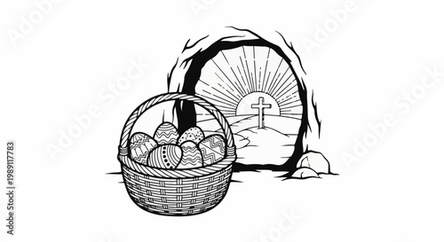 Easter basket with decorated eggs sits before an empty tomb with a cross