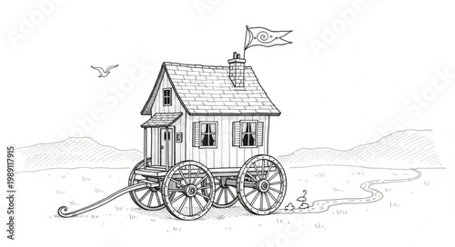 Whimsical House on Wheels Illustration.