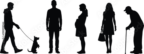 People silhouette set with diverse characters, man walking dog pregnant woman elderly person, lifestyle figures isolated on white background