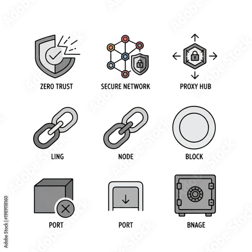 Cybersecurity Icons Representing Network Security and Data Protection.