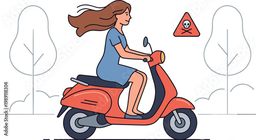 A woman riding a scooter past a warning sign on a road