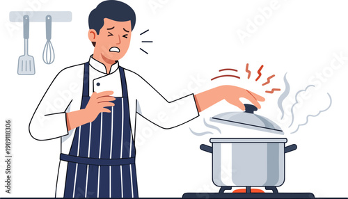 Man wearing apron cautiously opens hot steaming pot in kitchen.