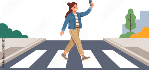 Woman crosses street while looking at phone on a city road