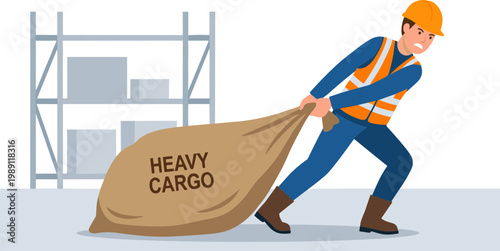 A worker in a warehouse lifting a heavy cargo bag with boxes.