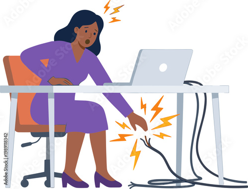 Woman experiences electric shock while working on laptop at office desk