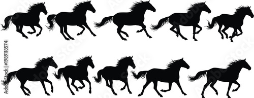 Running horse silhouette set, wild stallion motion poses collection, galloping equine animals isolated on white background, dynamic wildlife illustration