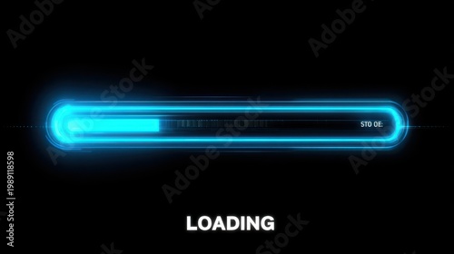 A futuristic blue glowing loading bar on a black background with the word 