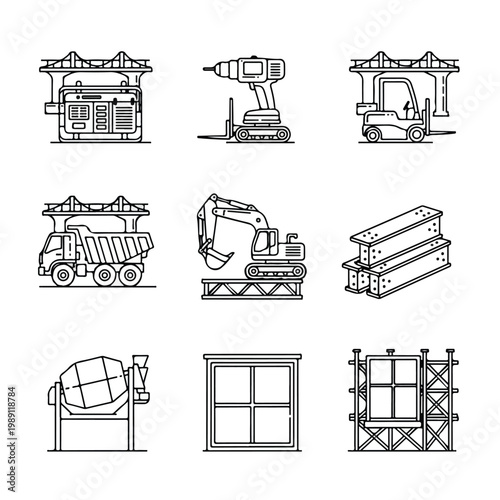 A collection of nine black and white vector line icons illustrating various construction machinery and building materials on a white background.