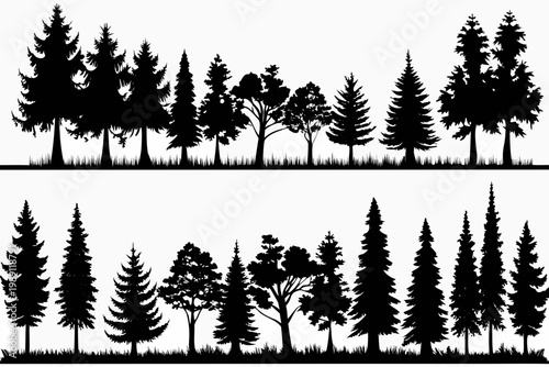 Black silhouettes of various trees and foliage against a white background