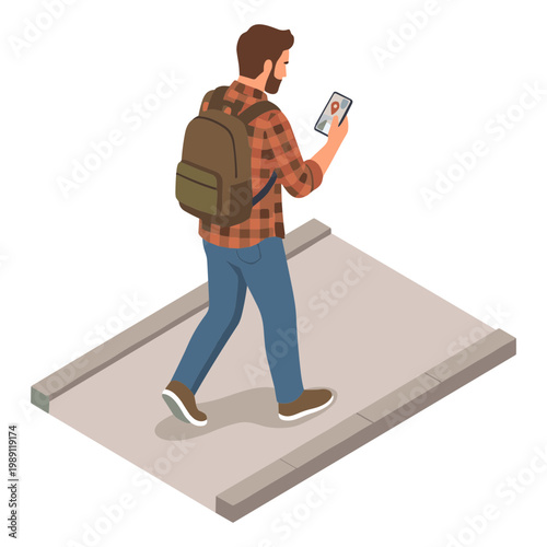 Man walks on sidewalk looking at smartphone screen