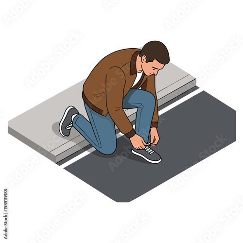 Man kneeling on gray surface ties shoelace on dark gray floor indoors