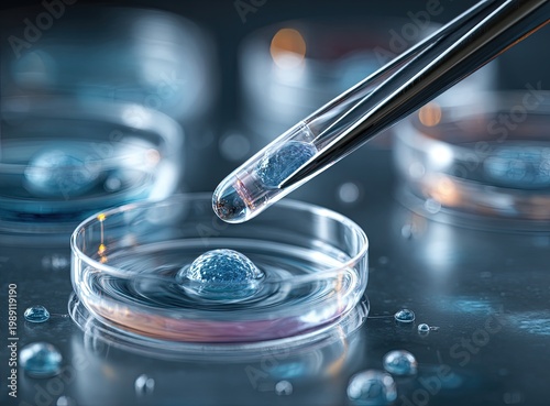 Close-up of a scientist using a pipette to transfer a liquid sample into a petri dish in a laboratory setting.