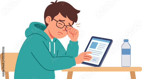 A man sits at a table reading a document on a tablet with a bottle nearby.