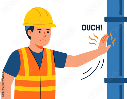 A construction worker feels pain touching a hot industrial pipe.