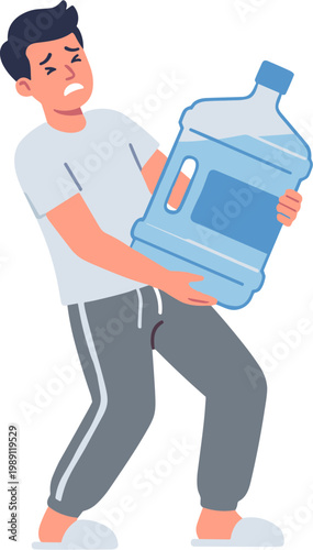 Man struggles to carry a large water bottle with effort and strain on his face in an indoor setting.