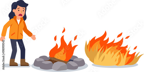 Woman standing next to a fire pit and a large flame cautiously.