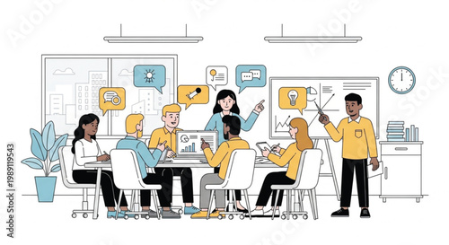 A professional business team works together in a modern office, featuring a group of people sitting at a table with laptops and technology for a collaborative meeting illustrationA professional busine