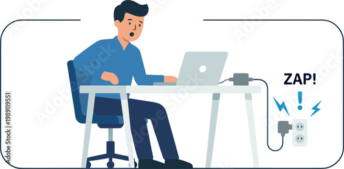 Man shocked by laptop electrical surge at office desk suddenly