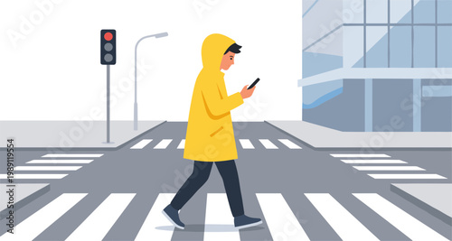 Person wearing yellow raincoat crossing street while using phone at intersection