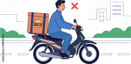 A delivery person rides a motorcycle through a city with a food box