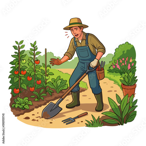 Man gardening in a lush outdoor garden with plants and tools