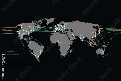 Global Logistics Network Map Dark Theme Flight Routes Data Connections World Map with Pins and Lines