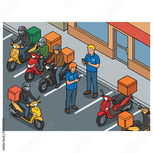 Delivery riders gather outside storefront discussing logistics with manager