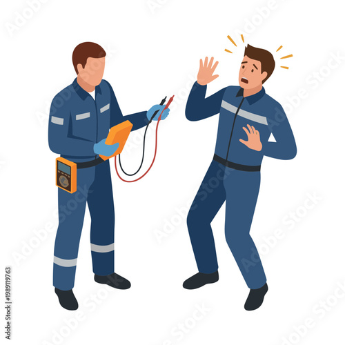 Electrician carefully shocks coworker with safety device in industrial setting.