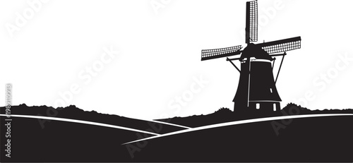 Windmill, black silhouette, landscape icon, vector illustration