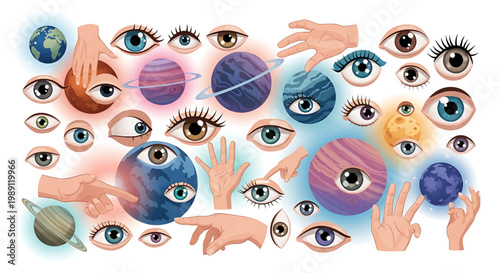 Eyes and hands with colorful iris.
