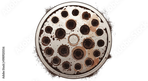 Close-up of a rusty metal drain cover with dirt and debris