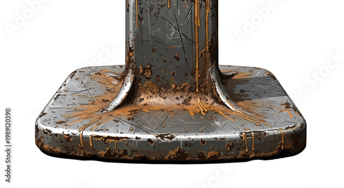 Close-up of a weathered, rusty metal base with a worn texture on a white background.