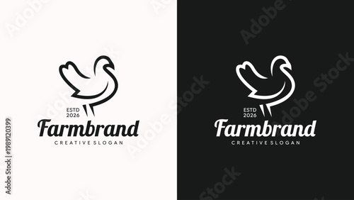 Minimalist farm chicken logo design for poultry business organic meat market and healthy food production