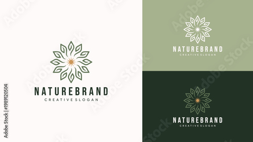 Abstract sun and leaf mandala logo for yoga studio and holistic wellness brand and organic nature
