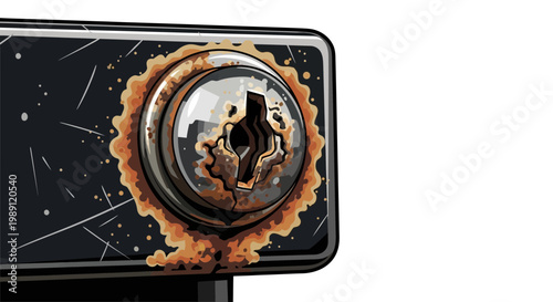 Corroded metal lock mechanism with rust and scratches, close-up, isolated on white