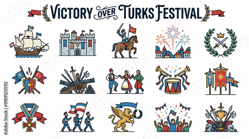 Victory Over Turks Festival Icons: Castle, Ship, Soldier, Fireworks