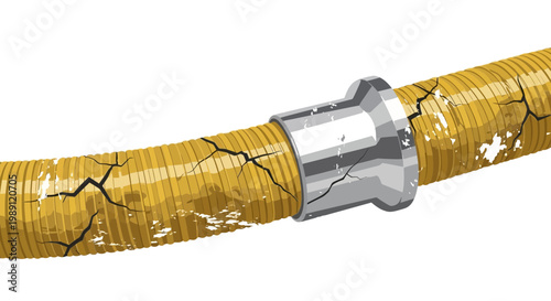 Damaged yellow hose with metal connector, cracked and worn