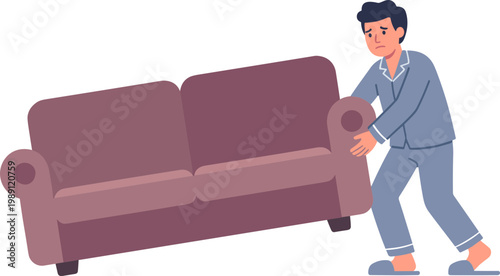 Man pushing large purple sofa through a room with effort and strain