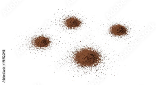 Four piles of ground coffee beans on white background