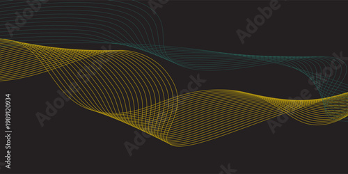 Modern multicolor wave of light is displayed on black background, Abstract wavy lines and neon glow on a black background, soundwave on a dark reflective surface.