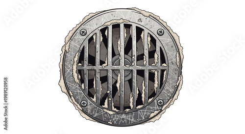 Grungy metal ventilation grate with fan blades behind