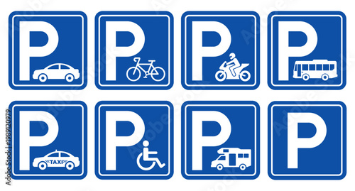 Parking sign set. Parking sign car, bicycle, motorcycle, bus, disabled person, campervan, visitor parking signboard. Vector illustration.
